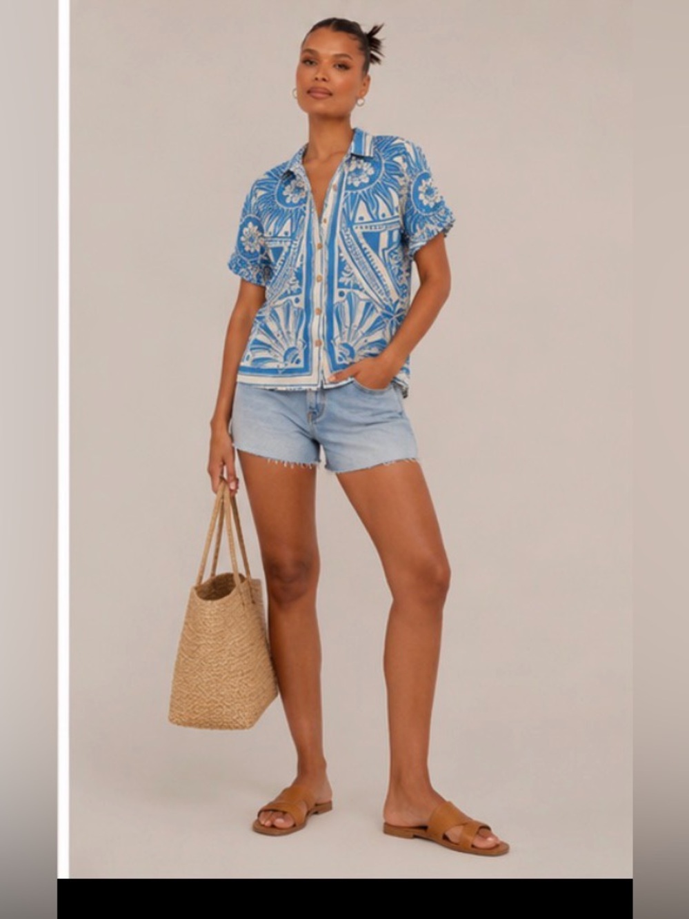 Anthropologie NWT C&C California Blue & Ivory Coastal Boho Printed Button-Up Top